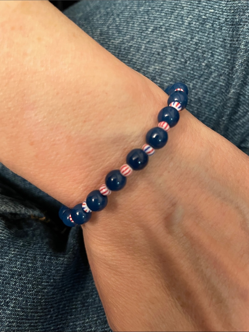 Blue glass Beaded Stretch Bracelet with vintage striped Accent Beads